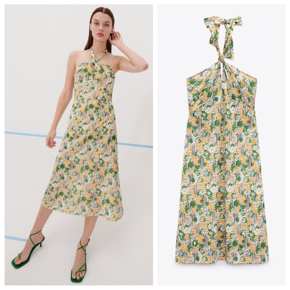 Zara size small yellow and green printed halter neck dress with adjustable tie